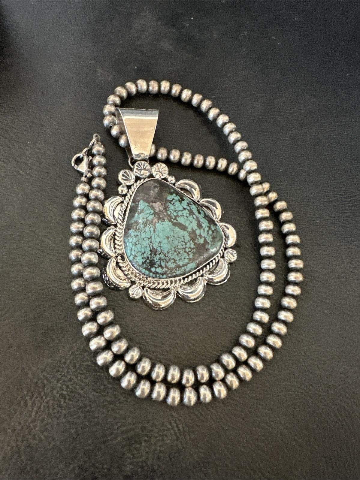 Yazzie Navajo Sterling Silver Blue Spiderweb Turquoise Necklace Pendant 18966