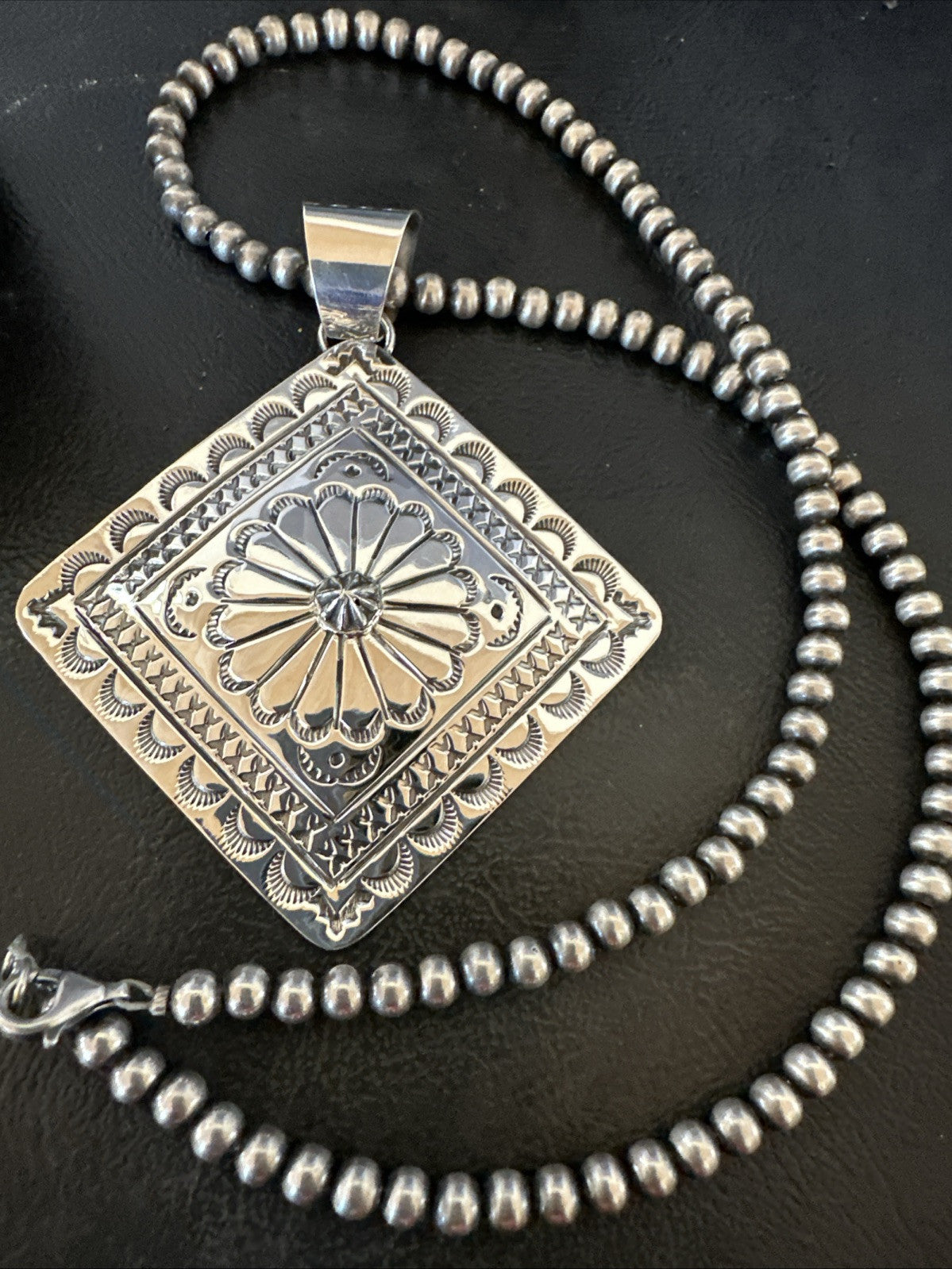 H Joe Handmade Stamped Pendant Navajo Sterling Silver Necklace 3.5" 18982