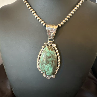 Navajo Sterling Silver Green Rustic Turquoise Necklace Pendant 2.75” 19010
