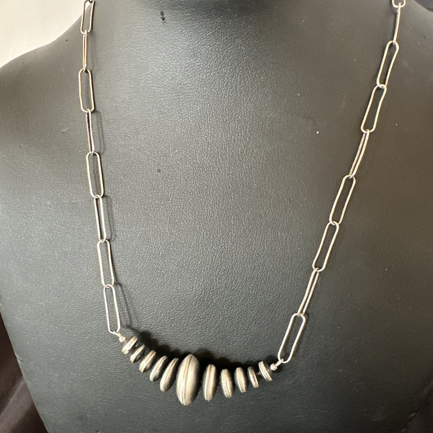 Navajo Rondelle Flat Saucer Beads Sterling Silver Chain Necklace Pendant 18924
