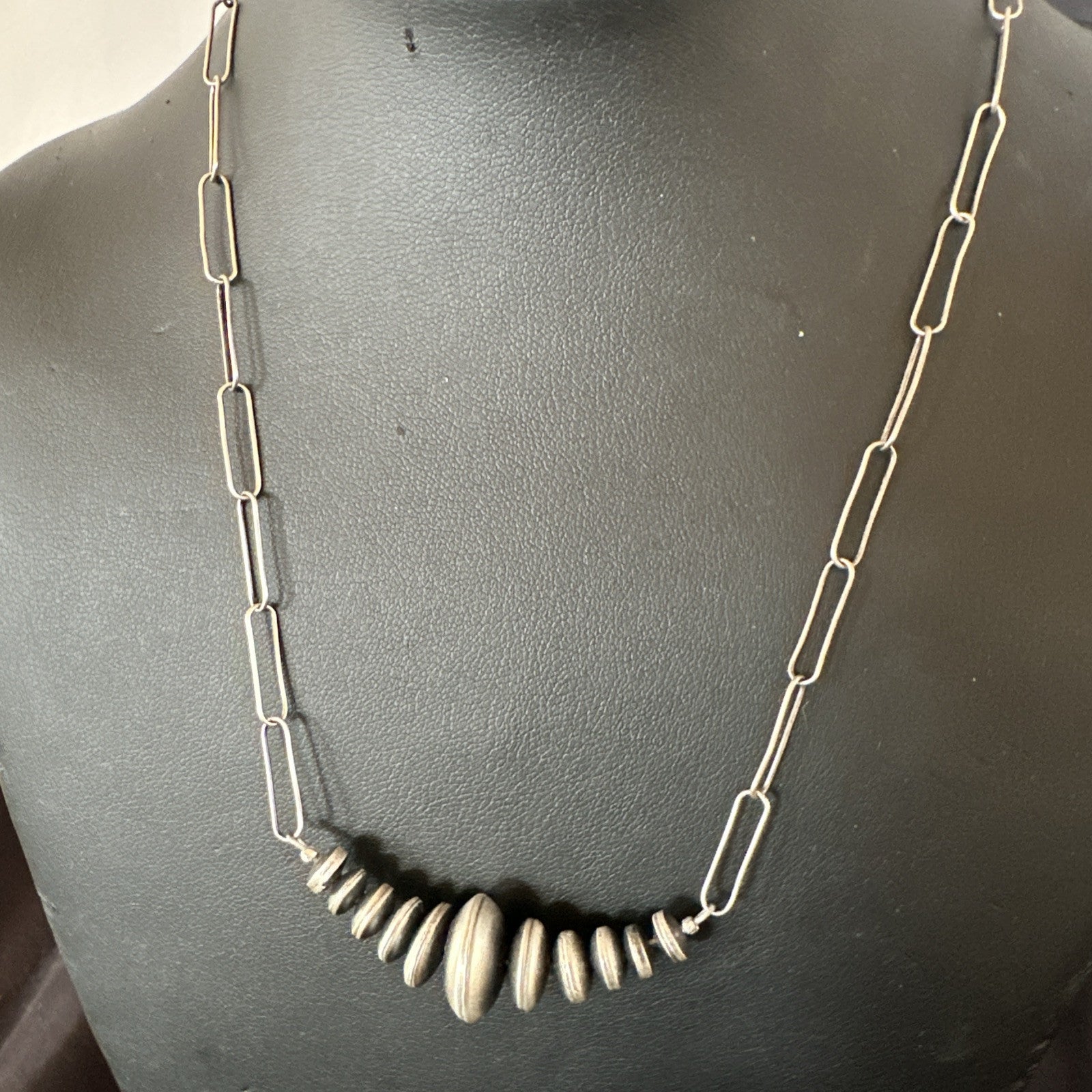 Navajo Rondelle Flat Saucer Beads Sterling Silver Chain Necklace Pendant 18924