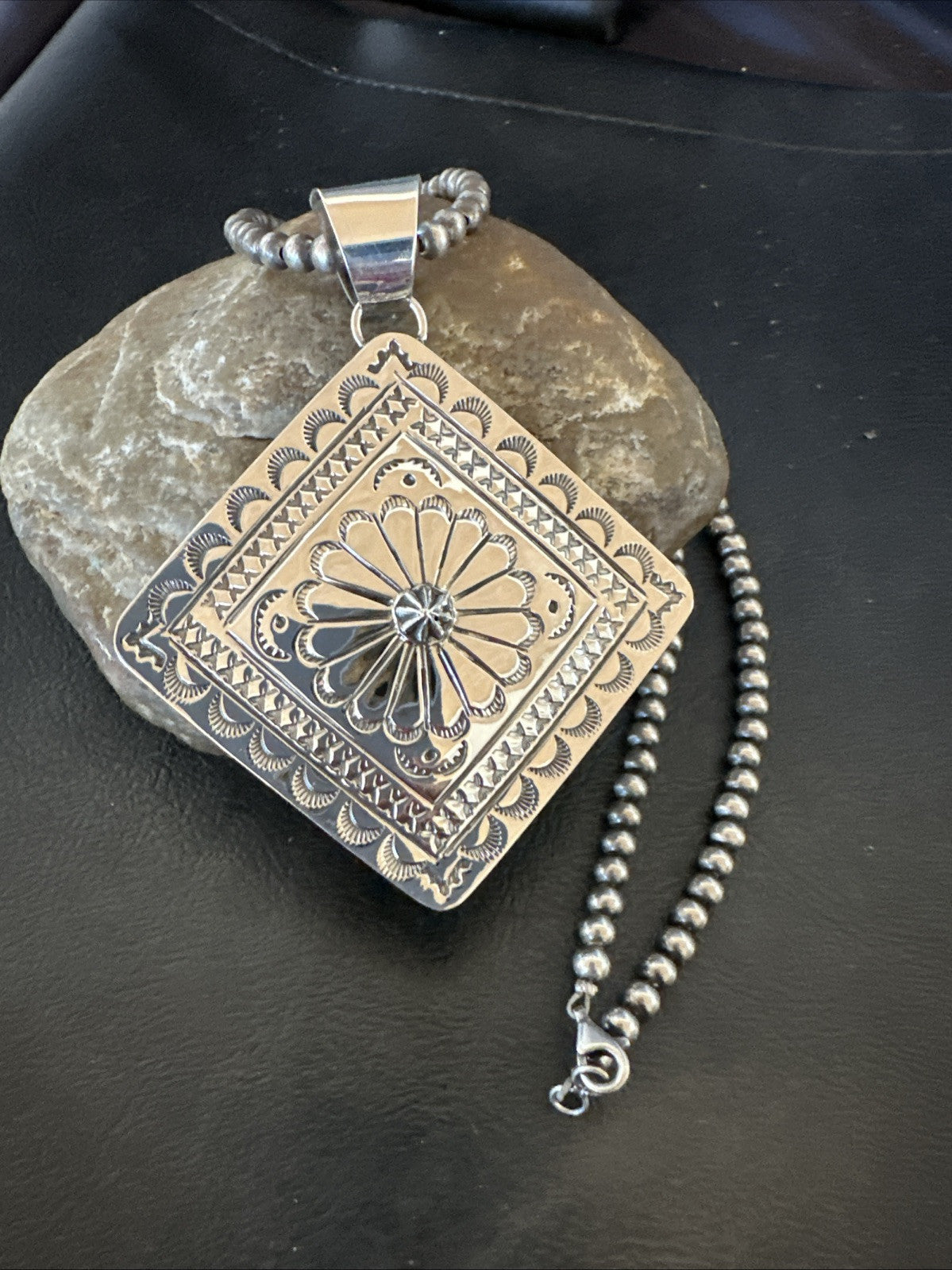H Joe Handmade Stamped Pendant Navajo Sterling Silver Necklace 3.5" 18982