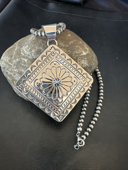 H Joe Handmade Stamped Pendant Navajo Sterling Silver Necklace 3.5" 18982