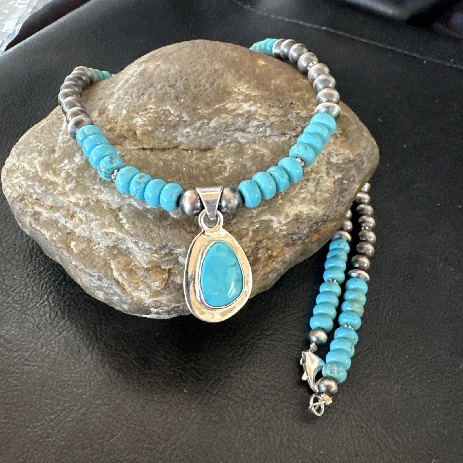 WoMens Blue Kingman Turquoise Pendant Navajo Sterling Silver Necklace 21" 18939