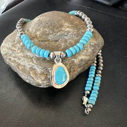 WoMens Blue Kingman Turquoise Pendant Navajo Sterling Silver Necklace 21" 18939