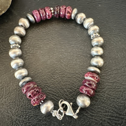 Purple Spiny Oyster 8mm Bead Bracelet Navajo Sterling Silver 6.5" 18946