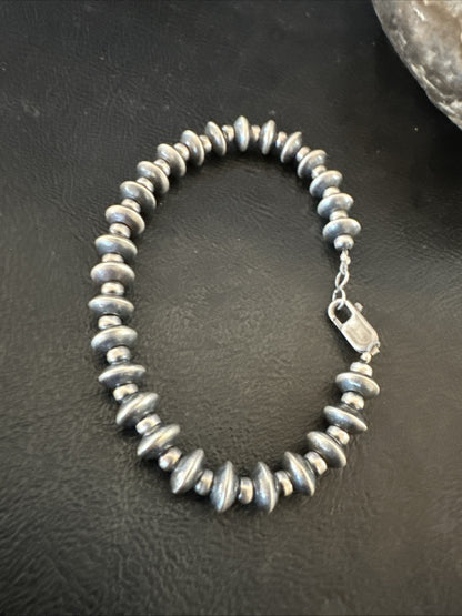 Navajo 7mm Flat 4mm Round Beads 6.5” Sterling Silver Bracelet B2