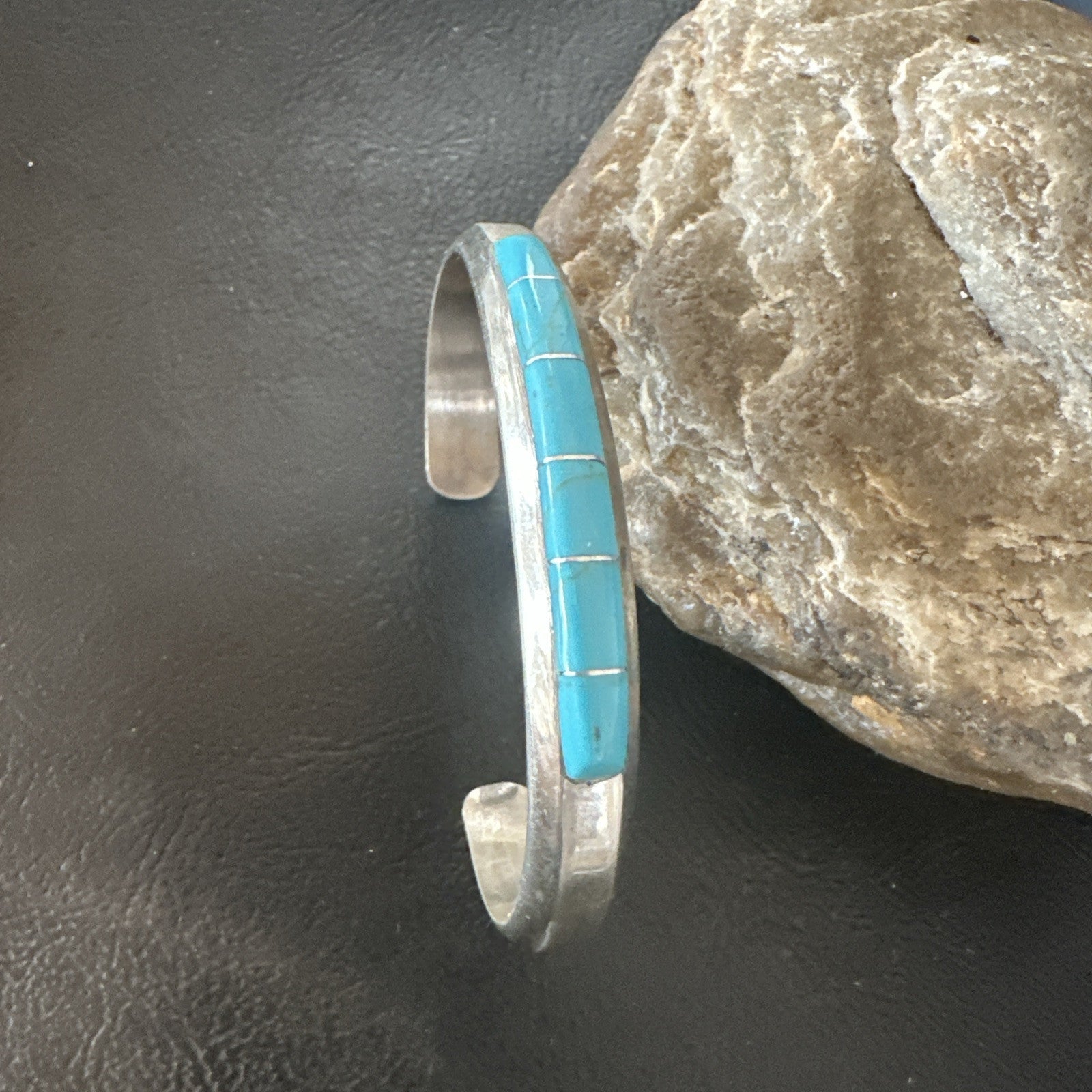 Old Pawn Blue Turquoise Navajo Sterling Silver Cuff Inlay Bracelet 18891