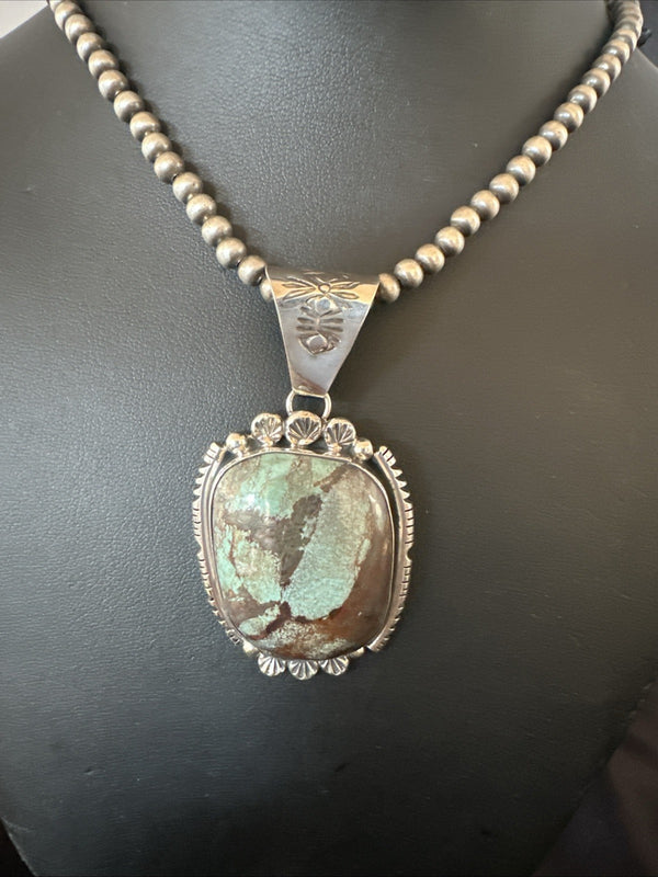 Yazzie Navajo Blue Rustic Turquoise Necklace Pendant | Sterling Silver | Authentic Native American Handmade | 18995