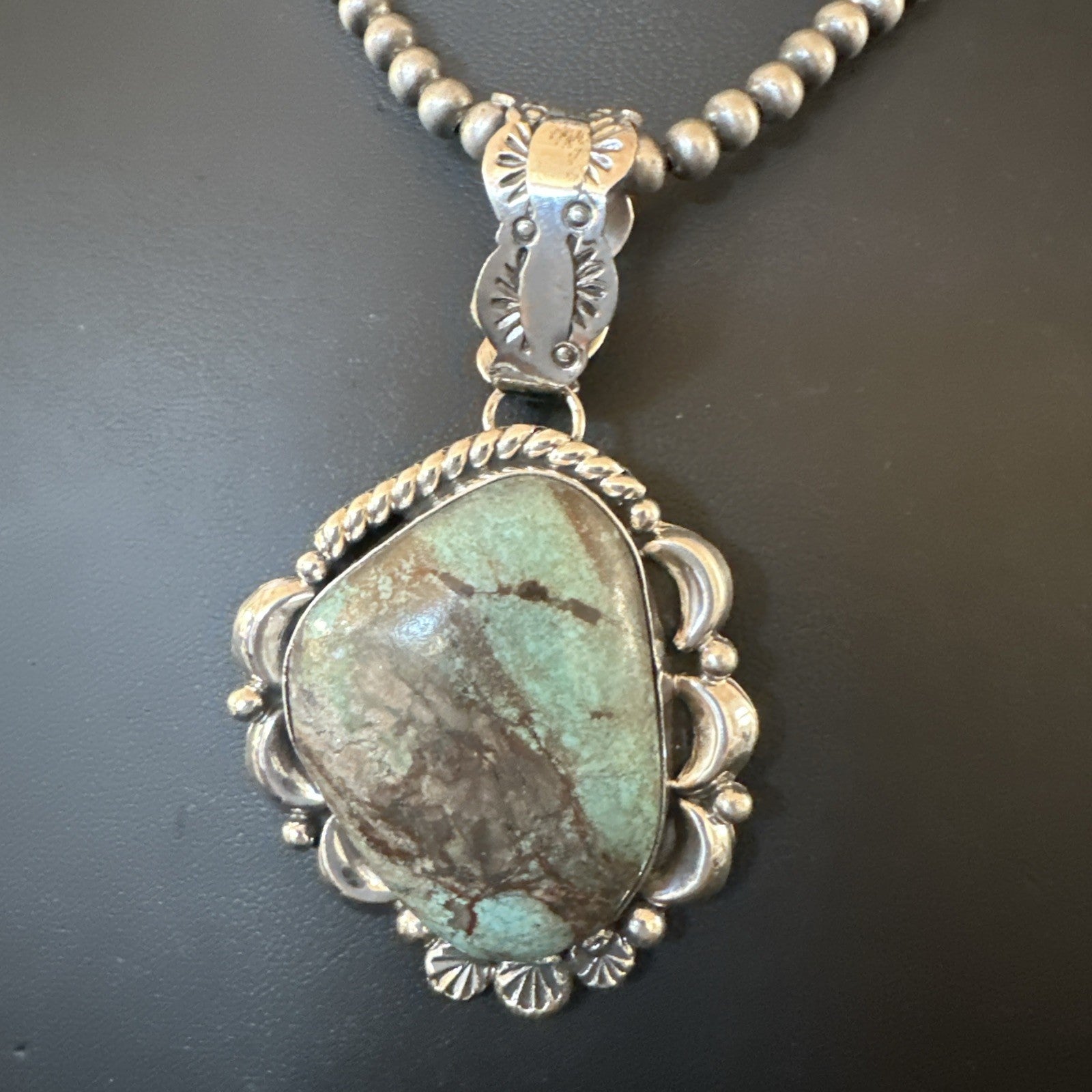 Navajo Sterling Silver Green Rustic Turquoise Necklace Pendant 2.75” 19013