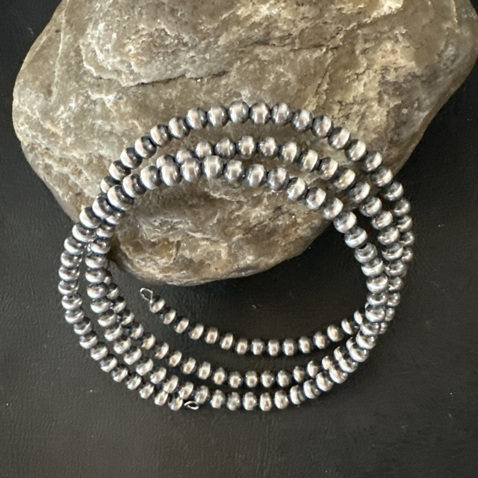 Sterling Silver Navajo Pearls 4mm Beads Stainless Steel Wire Wrap Bracelet 90413