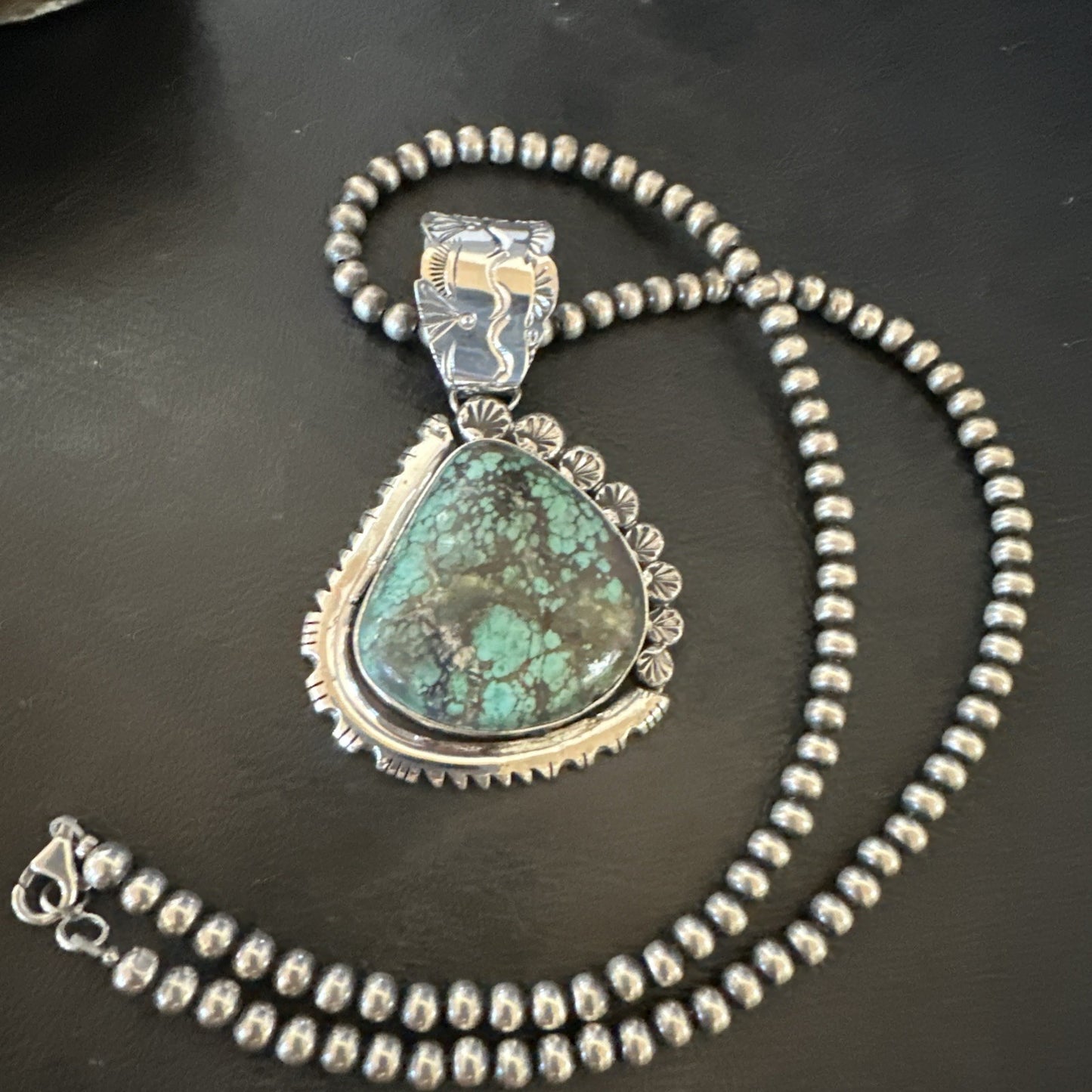 Navajo Sterling Silver Green Rustic Turquoise Necklace Pendant 2.75” 19011