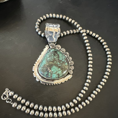Navajo Sterling Silver Green Rustic Turquoise Necklace Pendant 2.75” 19011