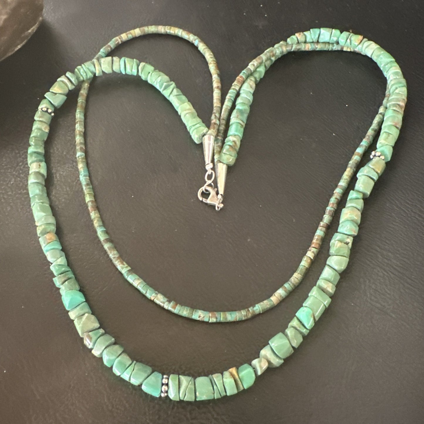 Sterling Silver Beads Heishi Green Turquoise 2 Strands Bead Necklace 18890
