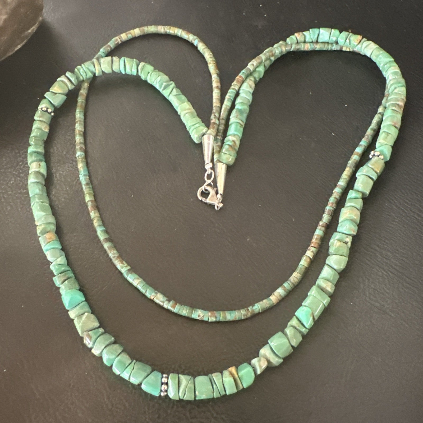 Sterling Silver Beads Heishi Green Turquoise 2 Strands Bead Necklace 18890