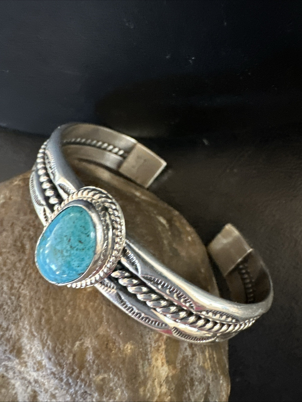 Stamped Blue Kingman Turquoise Sterling SIlver Cuff Bracelet 7.25” 18984