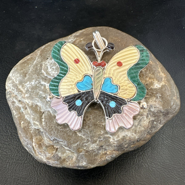 Zuni Turquoise Spiny MOP Onyx Butterfly Beads Pendant | Sterling Silver | Authentic Native American Handmade | 18903