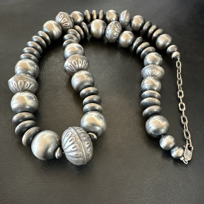 Handmade Bench Flat Navajo Pearls Sterling Silver Bead Necklace 24” 19001