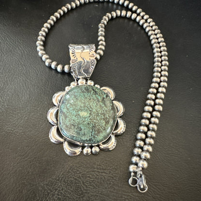 Yazzie Navajo Sterling Silver Blue Rustic Turquoise Necklace Pendant 2.75” 19000