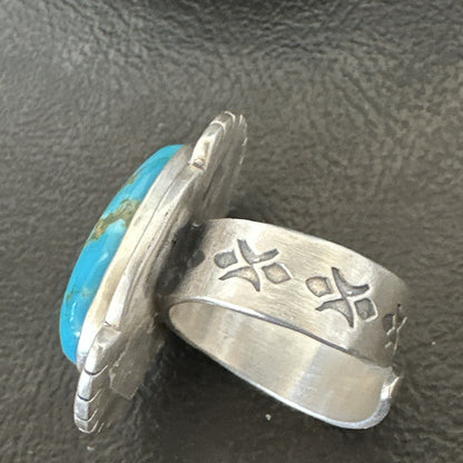 Navajo Sterling Silver Blue Kingman Turquoise Adjustable Ring Size 7 19005
