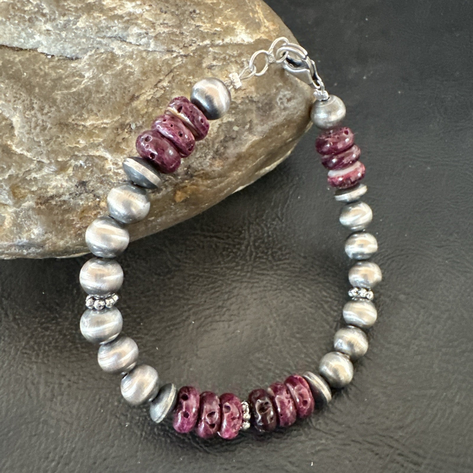 Purple Spiny Oyster 8mm Bead Bracelet Navajo Sterling Silver 6.5" 18946