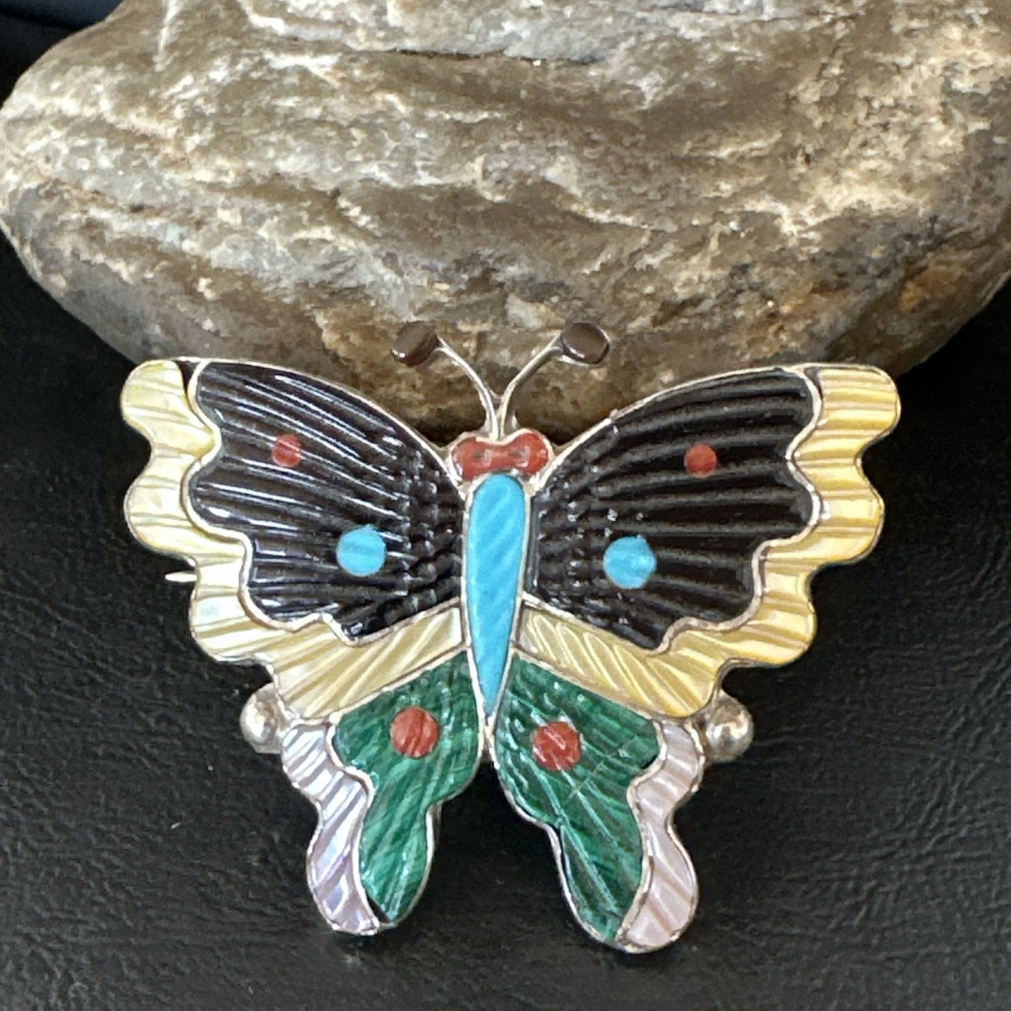 Multicolor Turquoise MOP Onyx Butterfly Sterling Silver Zuni Pin Pendant 18901