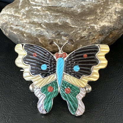 Multicolor Turquoise MOP Onyx Butterfly Sterling Silver Zuni Pin Pendant 18901