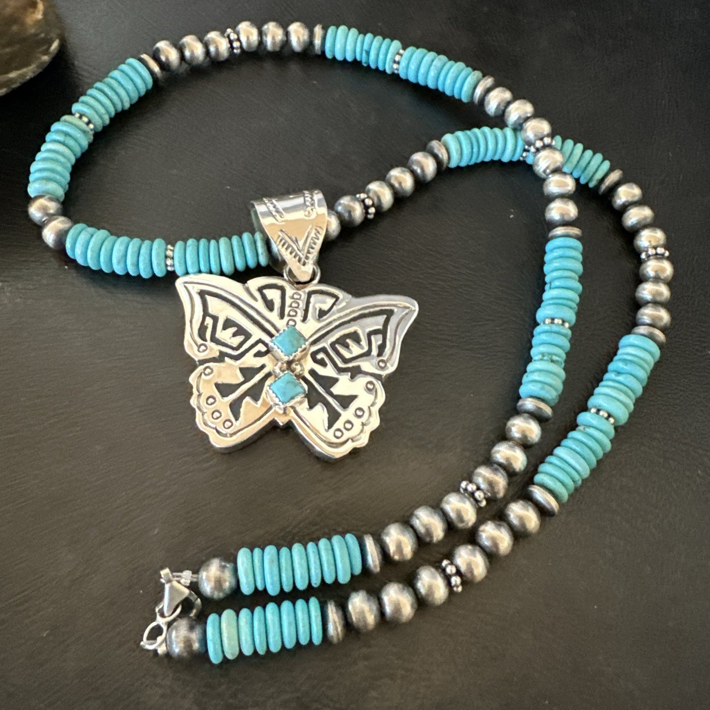 Butterfly Blue Turquoise Pendant Navajo Sterling Silver Necklace 24" 18904