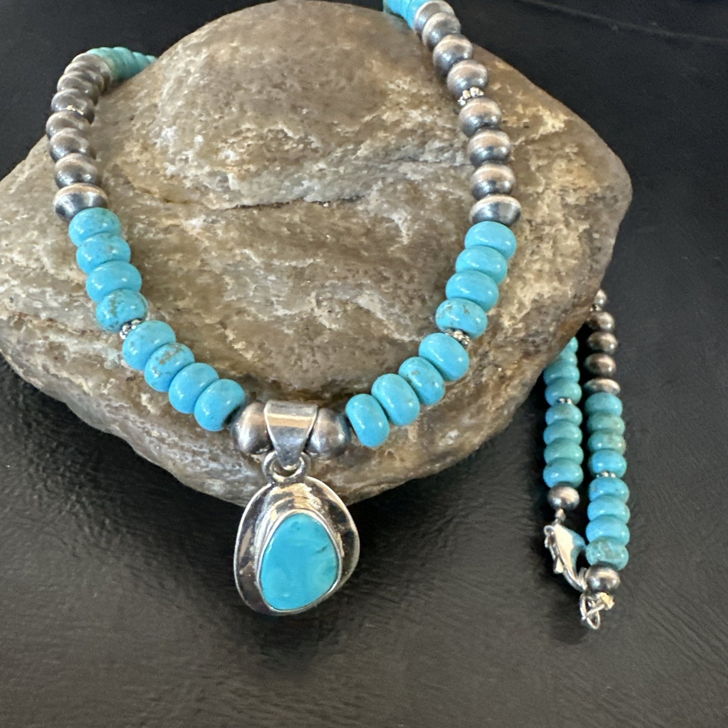 WoMens Blue Kingman Turquoise Pendant Navajo Sterling Silver Necklace 21" 18939
