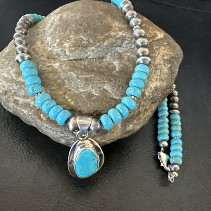 WoMens Blue Kingman Turquoise Pendant Navajo Sterling Silver Necklace 21" 18939