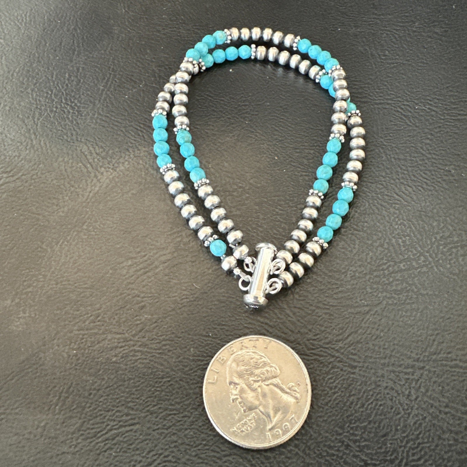 Blue Turquoise Faceted Bead Navajo Sterling Silver Beads Bracelet 7.5" 18999