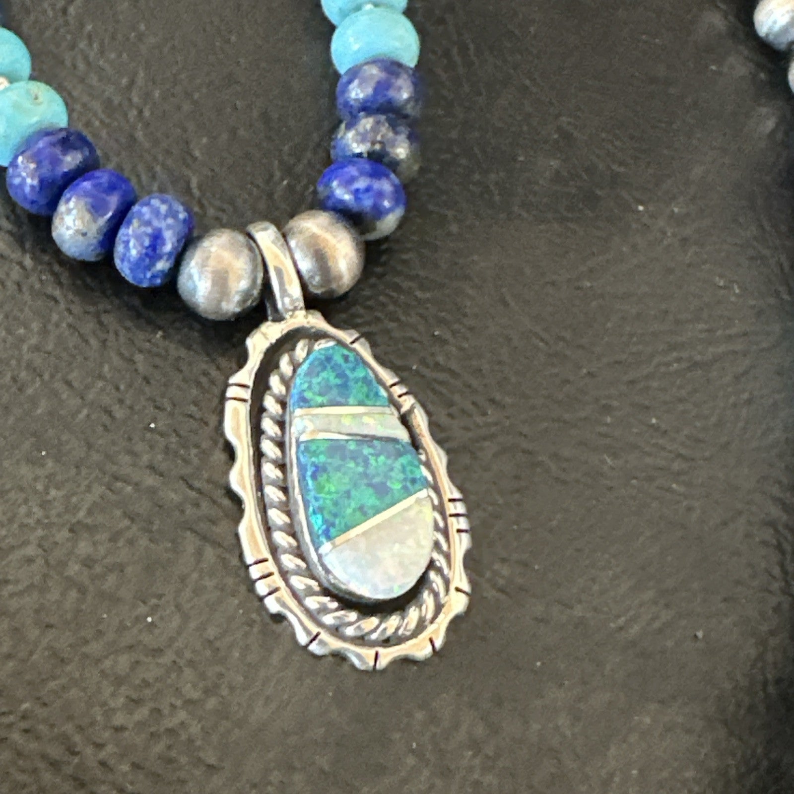 WoMens Opal Inlay Pendant Navajo Sterling Silver Blue Lapis Bead Necklace 18915