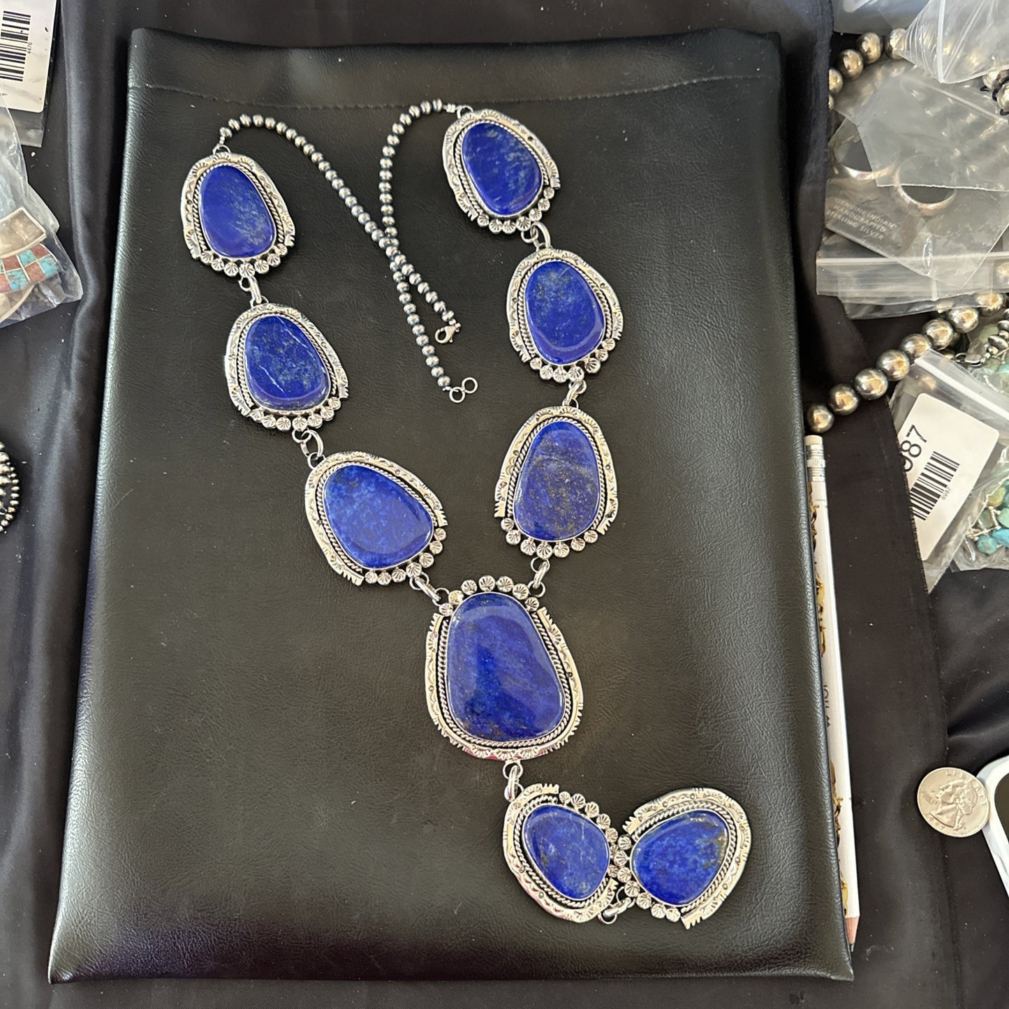 XXL Mens Womens Lapis Lazuli  Sterling Silver Beads Lariat Necklace 29" 18986