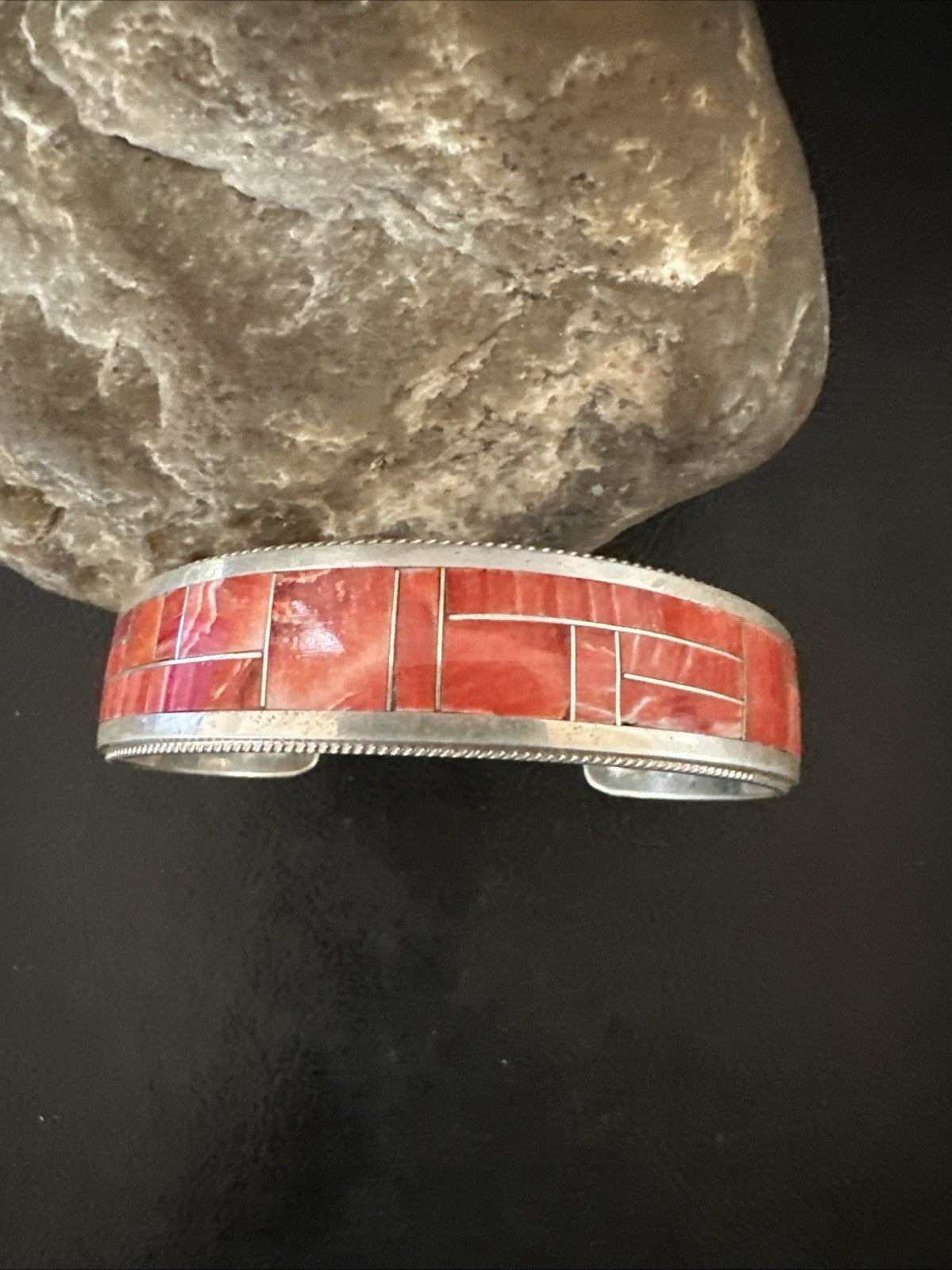 Orange Spiny Oyster Zuni Sterling Silver Cuff Inlay Bracelet 18993
