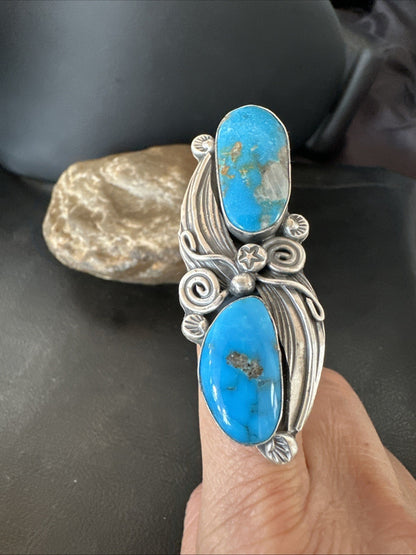 XL Navajo Cluster Blue Kingman Turquoise Sterling Silver Ring Sz 7 18990