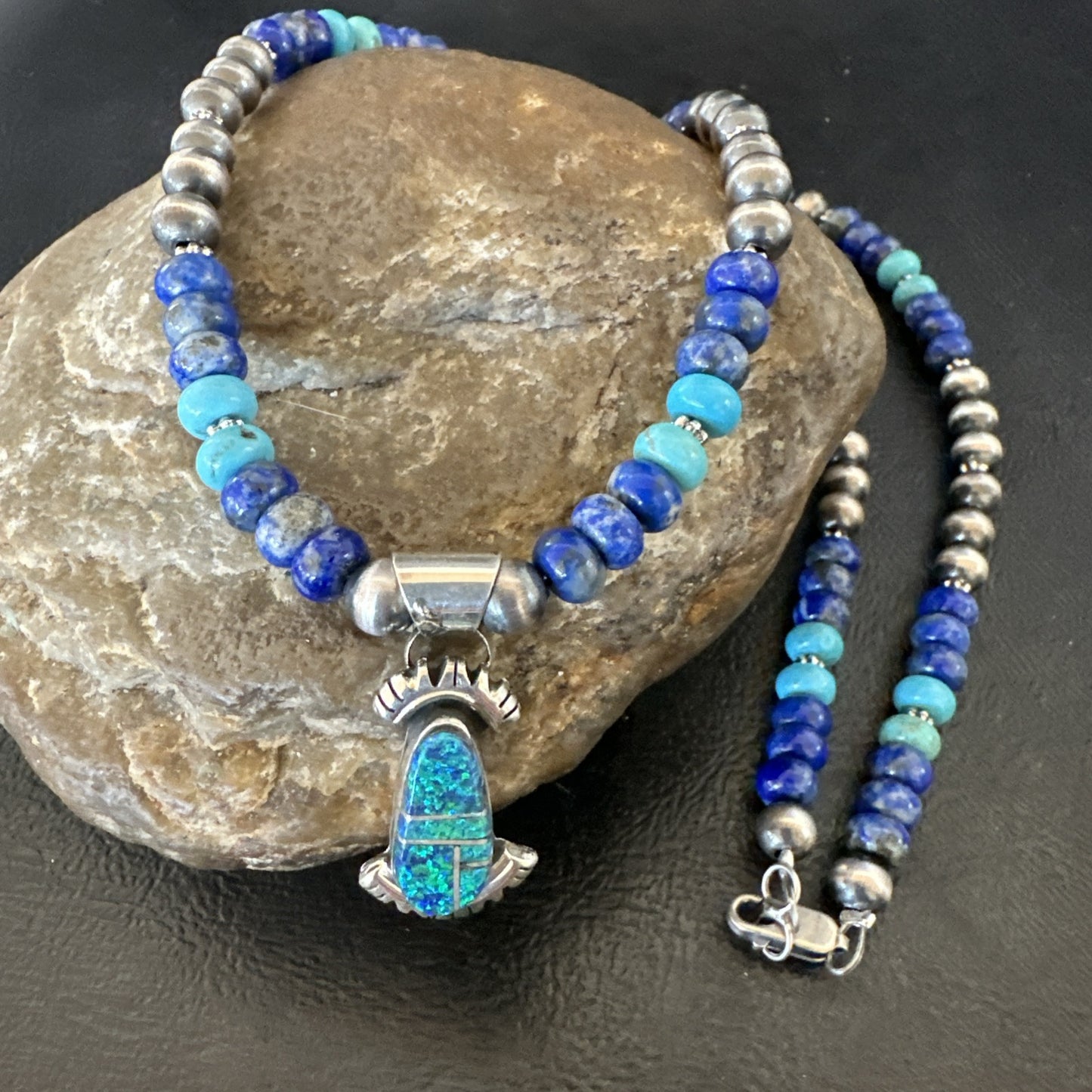 WoMens Opal Inlay Pendant Navajo Sterling Silver Blue Lapis Bead Necklace 18920