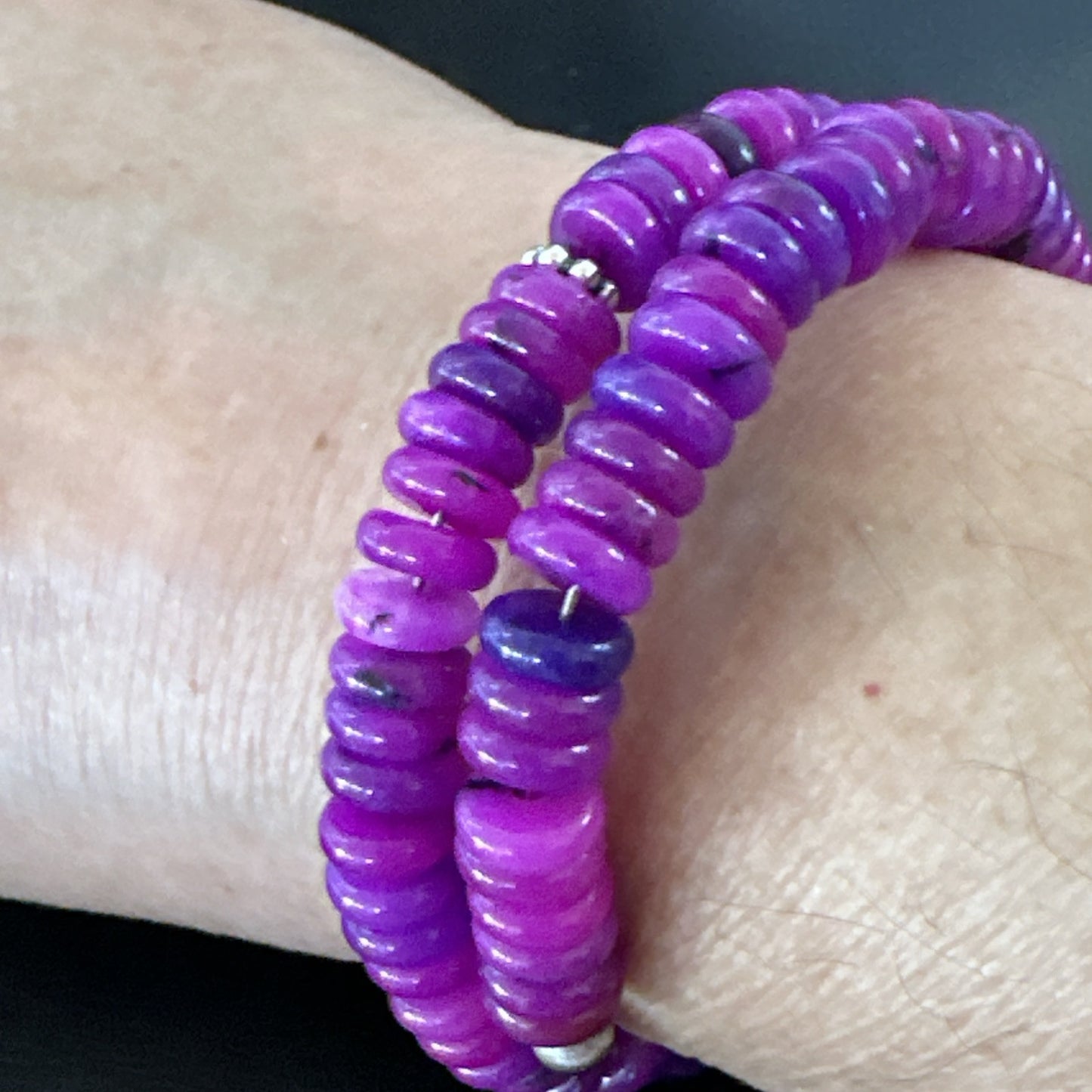 Purple Stone Turquoise 8mm Wire Bead Bracelet Navajo Sterling Silver 18898