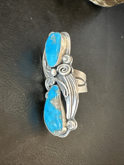 XL Navajo Cluster Blue Kingman Turquoise Sterling Silver Ring Sz 7 18989