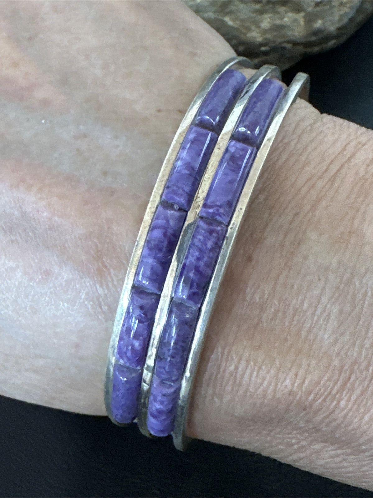 Purple Charoite Navajo Sterling Silver Inlay Cuff Bracelet 7.5" 18889