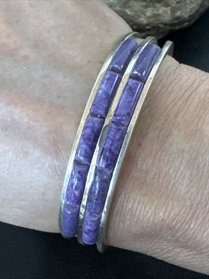 Purple Charoite Navajo Sterling Silver Inlay Cuff Bracelet 7.5" 18889