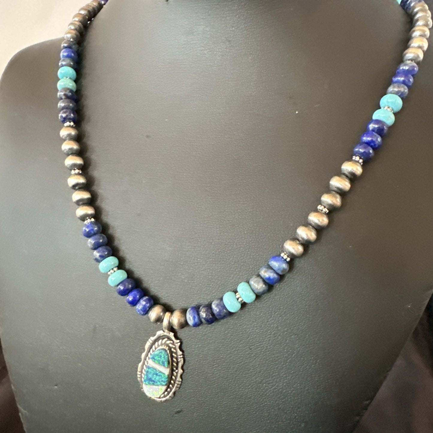 WoMens Opal Inlay Pendant Navajo Sterling Silver Blue Lapis Bead Necklace 18915