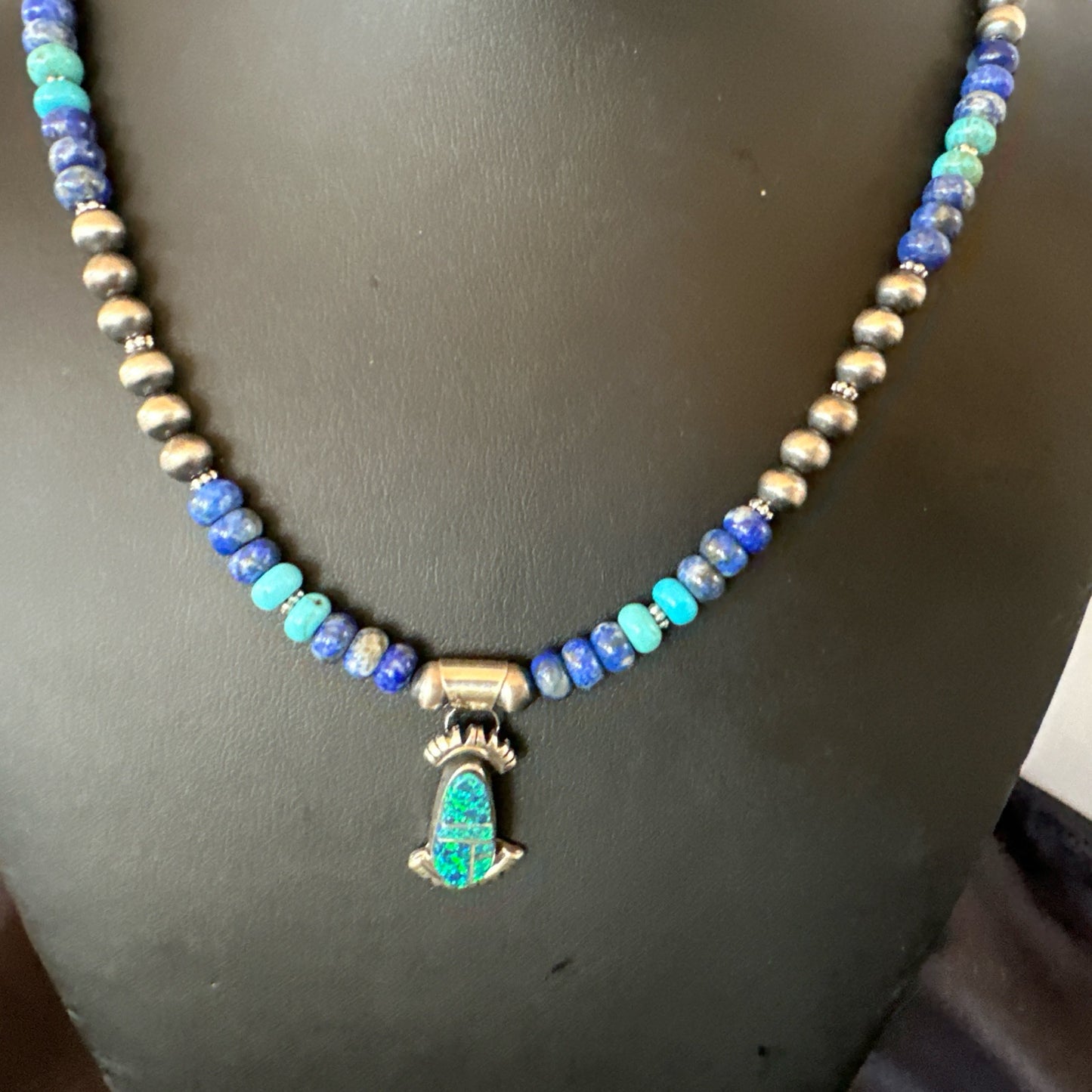 WoMens Opal Inlay Pendant Navajo Sterling Silver Blue Lapis Bead Necklace 18920