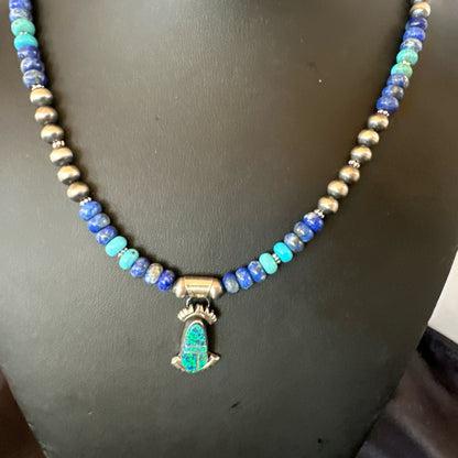 WoMens Opal Inlay Pendant Navajo Sterling Silver Blue Lapis Bead Necklace 18920
