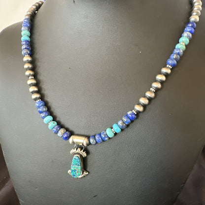 WoMens Opal Inlay Pendant Navajo Sterling Silver Blue Lapis Bead Necklace 18920