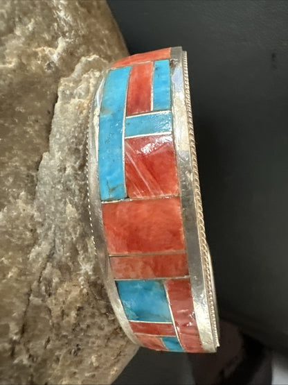 Blue Turquoise Spiny Oyster Zuni Sterling Silver Cuff Inlay Bracelet 7" 18994