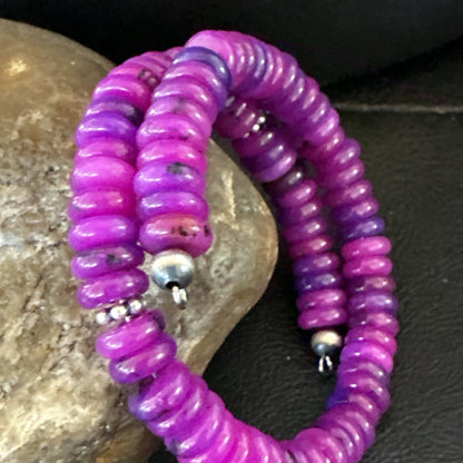 Purple Stone Turquoise 8mm Wire Bead Bracelet Navajo Sterling Silver 18898