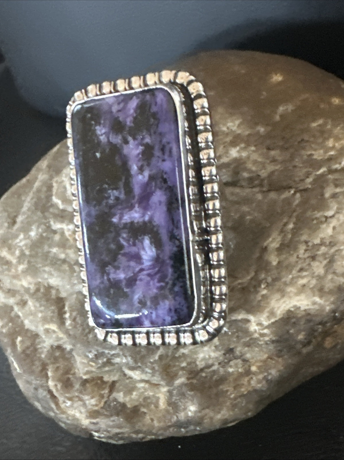 H Joe Purple Charoite Navajo Sterling Silver Rectangle Ring Size 7.5 18964