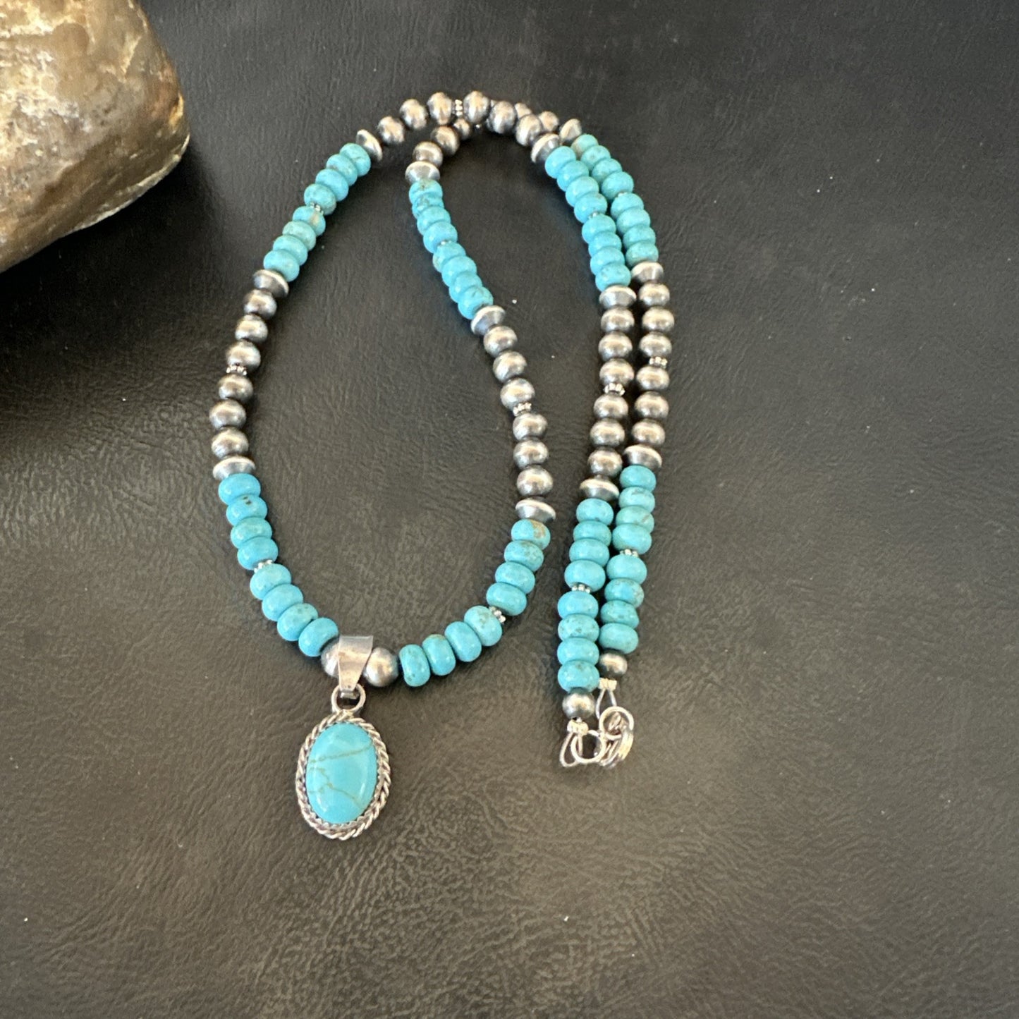 WoMens Blue Kingman Turquoise Pendant Navajo Sterling Silver Necklace 21" 18937