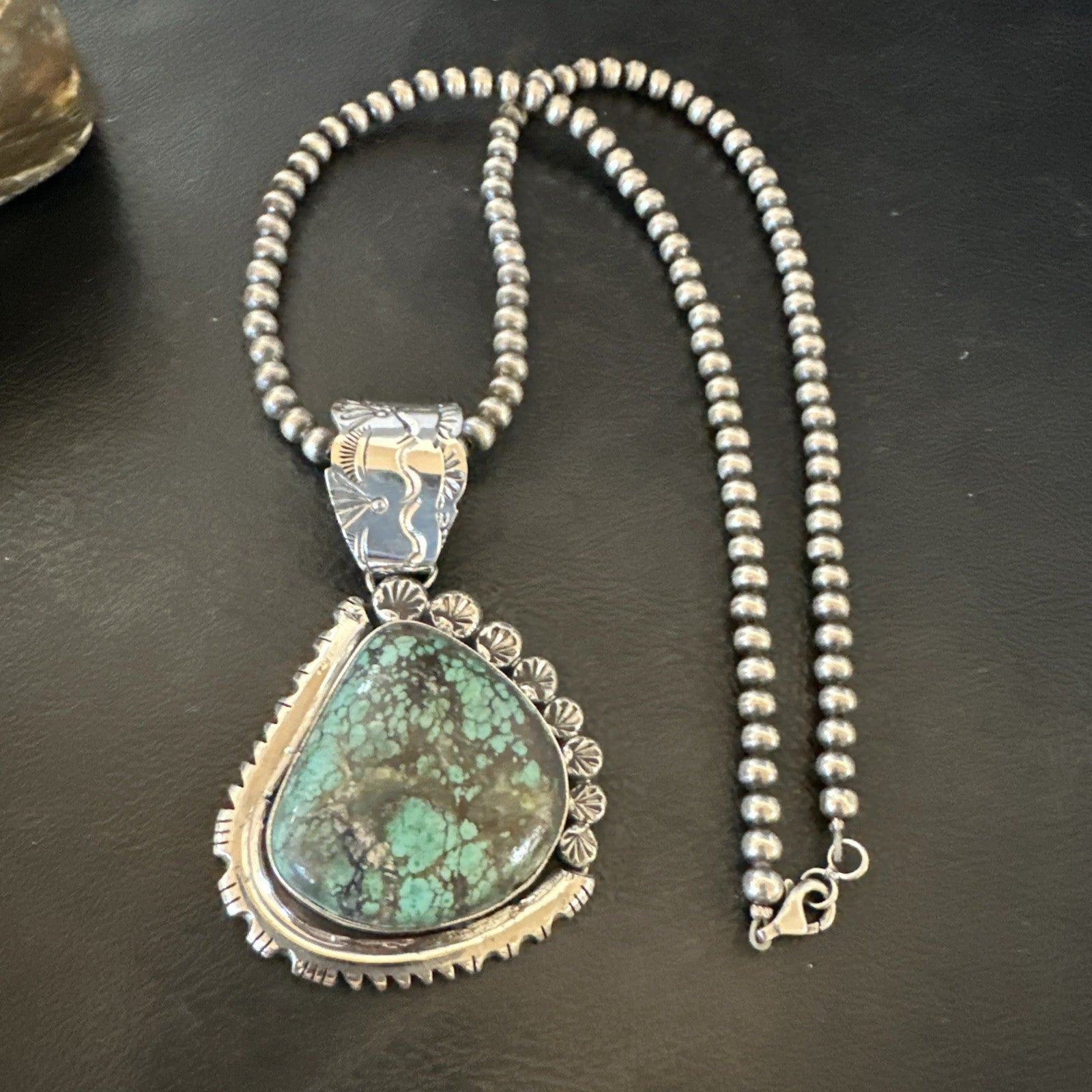 Navajo Sterling Silver Green Rustic Turquoise Necklace Pendant 2.75” 19011