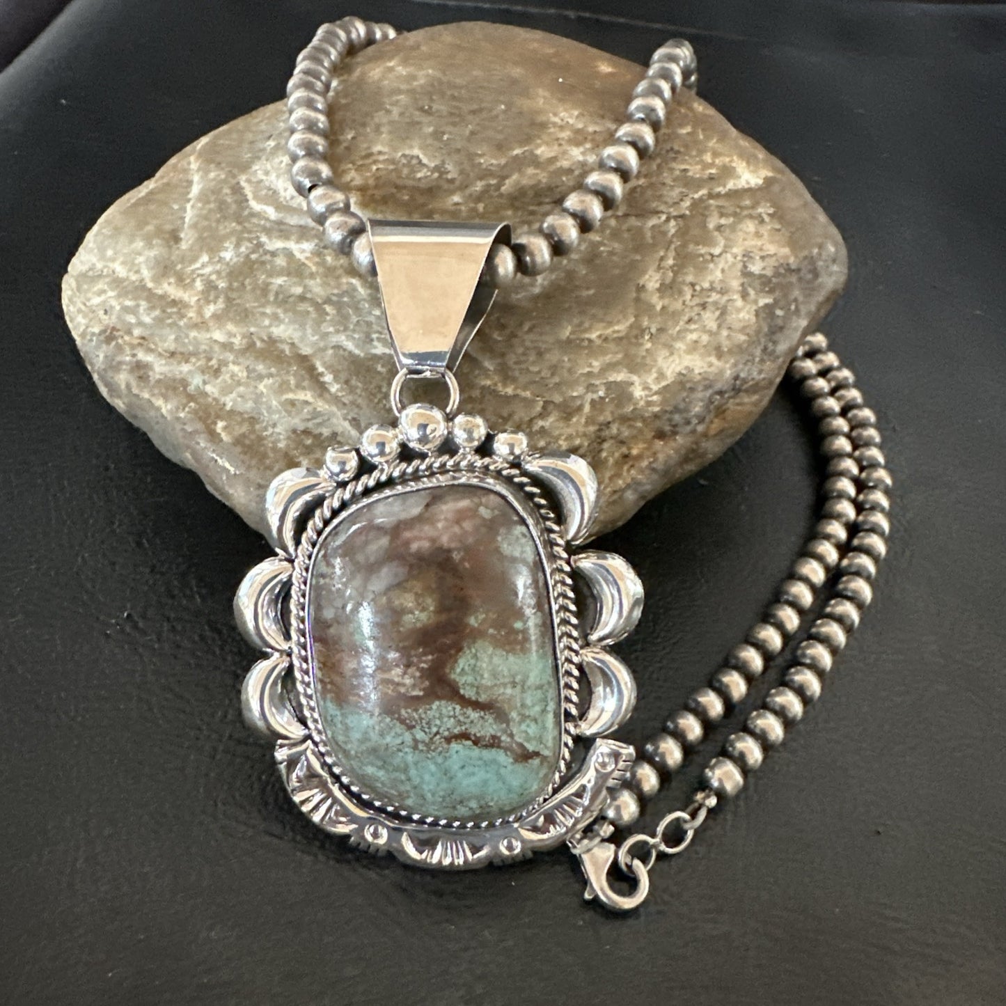 Yazzie Navajo Sterling Silver Blue Rustic Turquoise Necklace Pendant 18976
